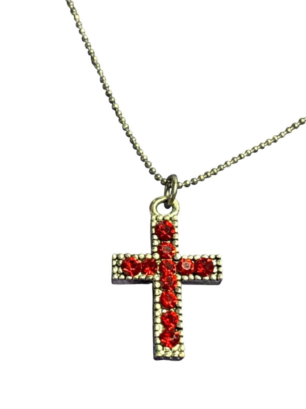 Vintage 90s Silvertone Red Rhinestone Cross Pendant Necklace Ball Chain